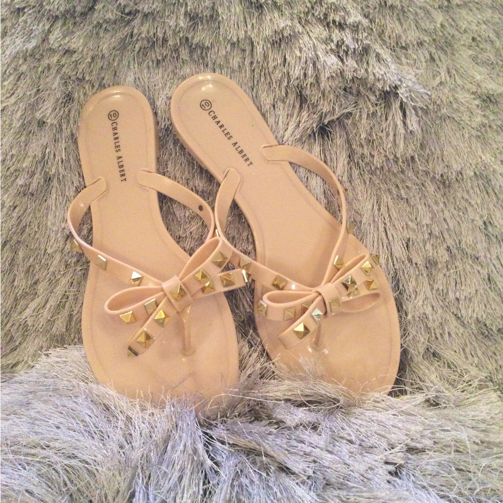 Gold Studded Bow Nude Jelly Flip Flop